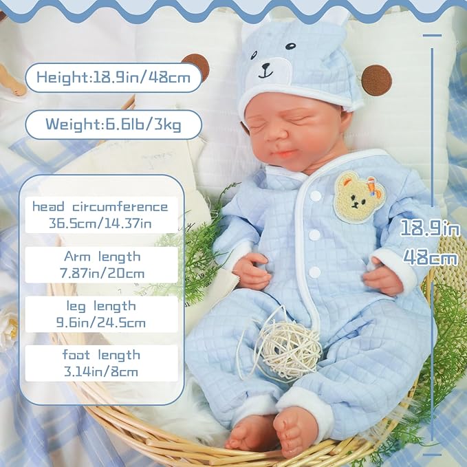 Reborn Baby Dolls Silicone Full Body 18.89in Weighted Real Life Closed-Eyes Boy Dolls Lifelike Newborn Baby Soft Body Flexible Limbs Not Vinyl