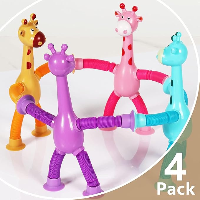 4 Pcs Telescopic Suction Cup Giraffe Toy, Funny Pop Tubes Sensory Toy for Toddlers, Educational Fidget Toys Basket Stocking Stuffer for Anxiety Kids for 3 4 5 6 7 8 9 Year Old Boy Girl