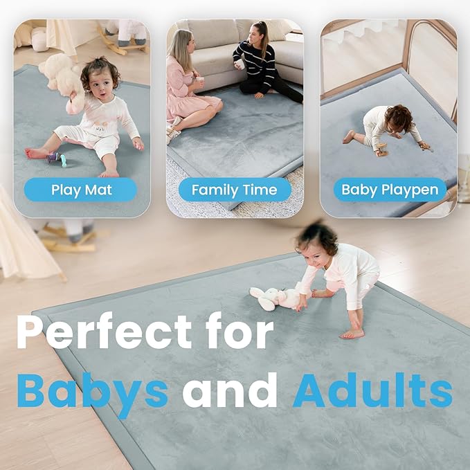 1.3" Thick Baby Play Mat for Floor, 79x118 Large Foam Tummy Time Mat, Padded Support Soft Plush Nursery Rug for Infant Kids Toddler Crawling Kick Activity (Light Grey)