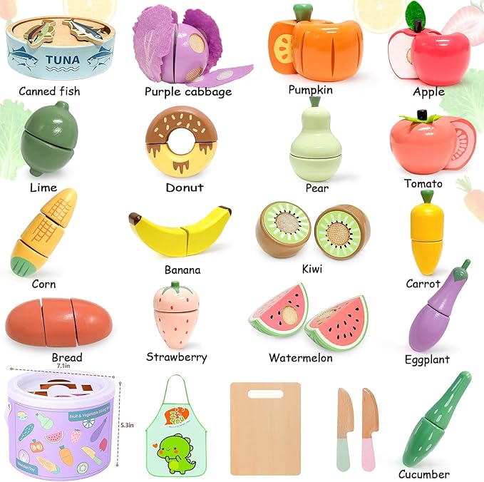 WHOHOLL Play Food Set for Play Kitchen Accessories, Wooden Toys Food Pretend Cutting Food with Apron, Montessori Velcro Fruit and Veggies for Toddlers 3+ Years Old Girls Boys