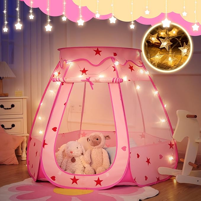 Pop Up Princess Tent with Star Light：Toy for Girl Birthday Gifts, Portable Ball Pit with Outdoor Carry Bag, Collapsible Kids Play Tent for Toddler Indoor Activity Playhouse, NO Balls(Pink)