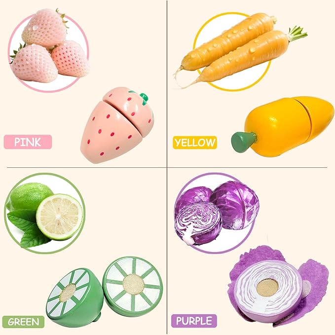 WHOHOLL Play Food Set for Play Kitchen Accessories, Wooden Toys Food Pretend Cutting Food with Apron, Montessori Velcro Fruit and Veggies for Toddlers 3+ Years Old Girls Boys