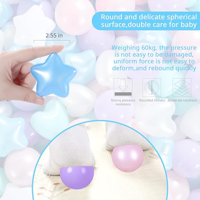 Ball Pit Balls Pack of 100 200 500 - Star and Round Set BPA Free Phthalate Free Non-Toxic Crush Proof Play Balls Soft Plastic Balls for Toddlers Baby Kids Birthday Pool Tent Party