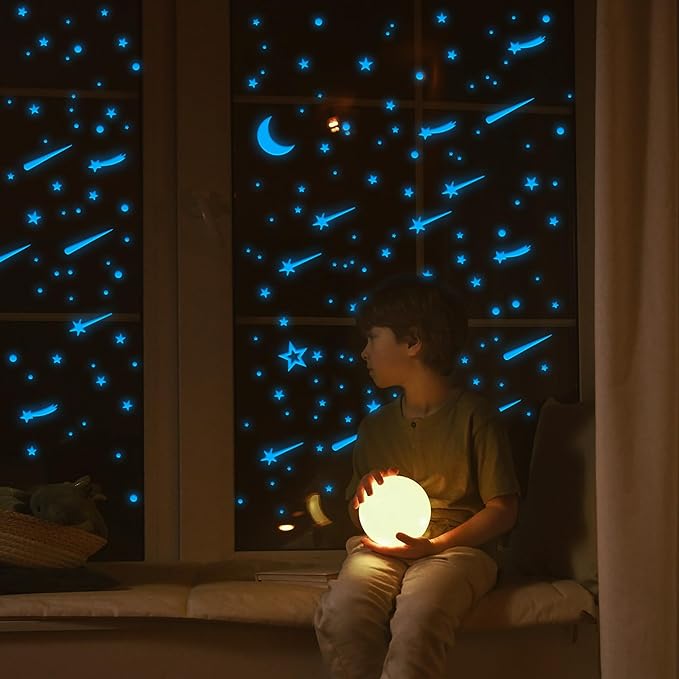 447 PCS Glow in The Dark Star Stickers Luminous Decor,3D for Ceiling,Dots for Starry Sky Glowing Stars for Kids Room for Ceiling Realistic Domed Star.Party and Birthday Gift.Blue Light
