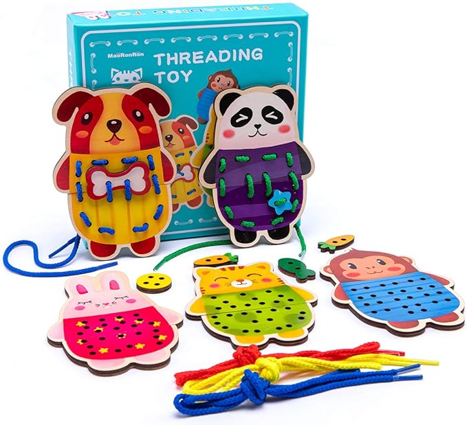 Promise Babe 5 Pack Animals Lacing Cards Wood Block Puzzle Threading Toys Montessori Toy Sewing Cards for Toddler Educational Preschool Toys…
