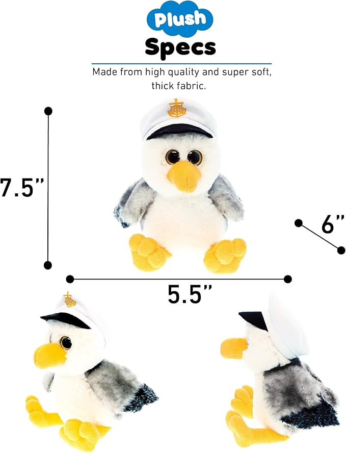 DolliBu Plush Seagull Stuffed Animal - Soft Huggable Gray Seagull Sailor, Adorable Playtime Plush Toy Animal, Cute Sea Bird Cuddle Gifts for Kids & Adults - 8 Inch