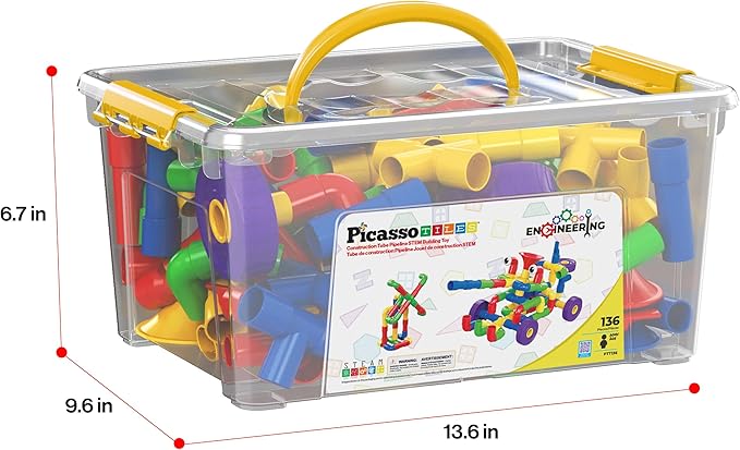 PicassoTiles PTT136 136pcs Tubular Pipes & Spout STEAM Interlocking Educational Building Block Set, Tube Locks, Pipeworks Construction Blocks w/Storage Container Box, Idea Book, Flute Musical Kit