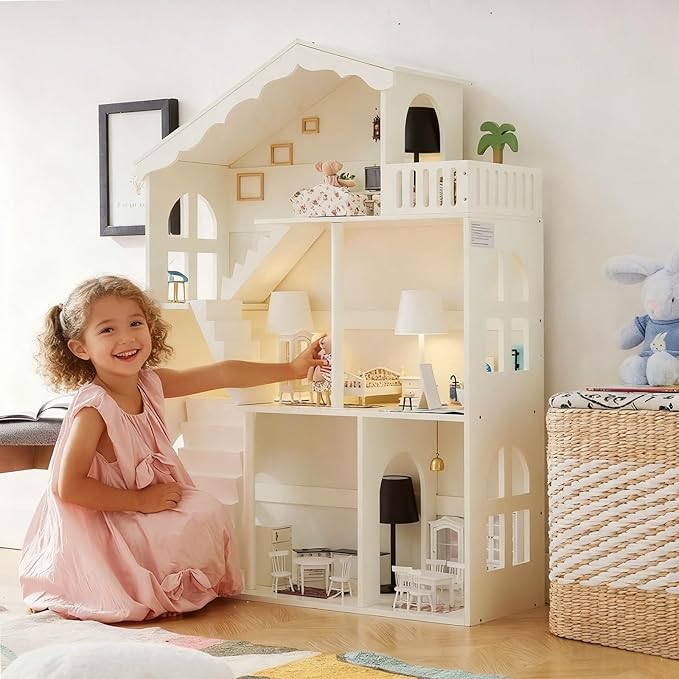 Wooden Dollhouse Bookshelf 3-Tier Doll House Bookcase Kids Books Toys Dolls Storage Organizer Shelves for Children's Bedroom Playroom Kindergarten Nursery Gift for Boys Girls Ages 3-8 Years Old