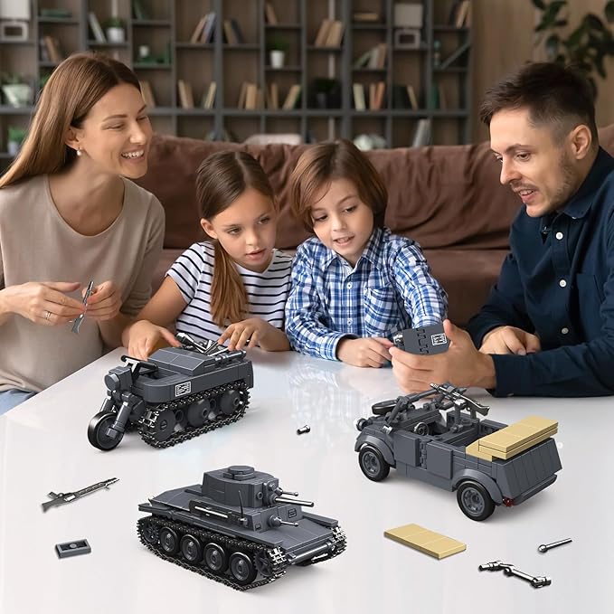 4 IN 1 WW2 Army Tanks Toy Building Block Set(1089 Pcs),Compatible with Lego,Create German 38T-A Light Tank&3 German Style Small Military Vehicles Models Great Military Toy Gift for Boy Age 6+ Year Old