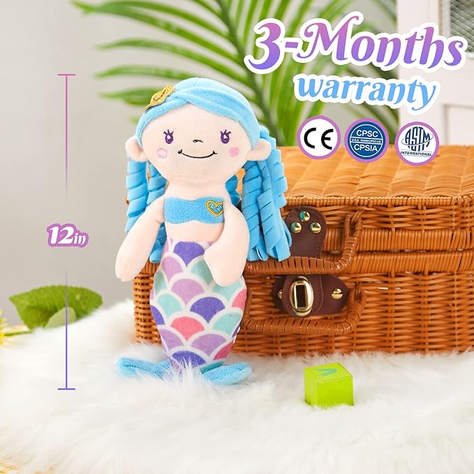 Athoinsu Blue Mermaid Stuffed Animal Soft Cute Mermaid Princess Plush Doll Toy Birthday Valentine's Day Gifts Decors for Girls Kids Toddlers, 12''