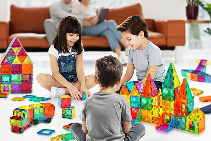 Ziggzo Magnetic Tiles for Kids Ages 4-8 | 100 Magnet Tiles with Storage Bag and 2 Cars | STEM Building Blocks for Creative Learning