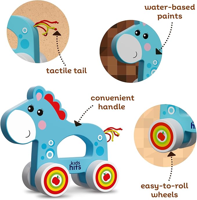 Wooden Pull-Along Horse – Eco-Friendly Toddler Toy with Spinning Wheels & Tactile Tail – Early Learning Toy for 1 Year Old and Up