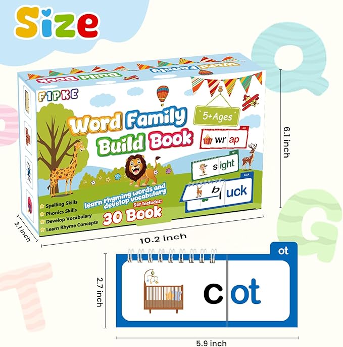 Word Family Build Book, 30 Read and Rhyme Flip Activity Book, ABC Vocabulary Flash Cards CVC Words Reading Games for Kids Ages 3-8 Preschool Learning Activities Families Educational Games