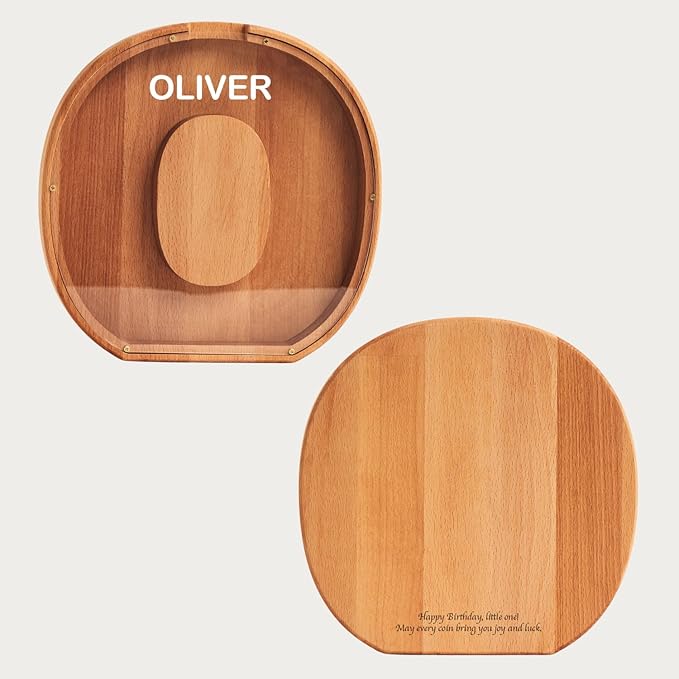 Personalized Wooden Piggy Bank – Custom Letter O Coin Bank in Beech Wood with Clear Acrylic Front, Engraved Name Option, Money Saving Box for Kids and Adults