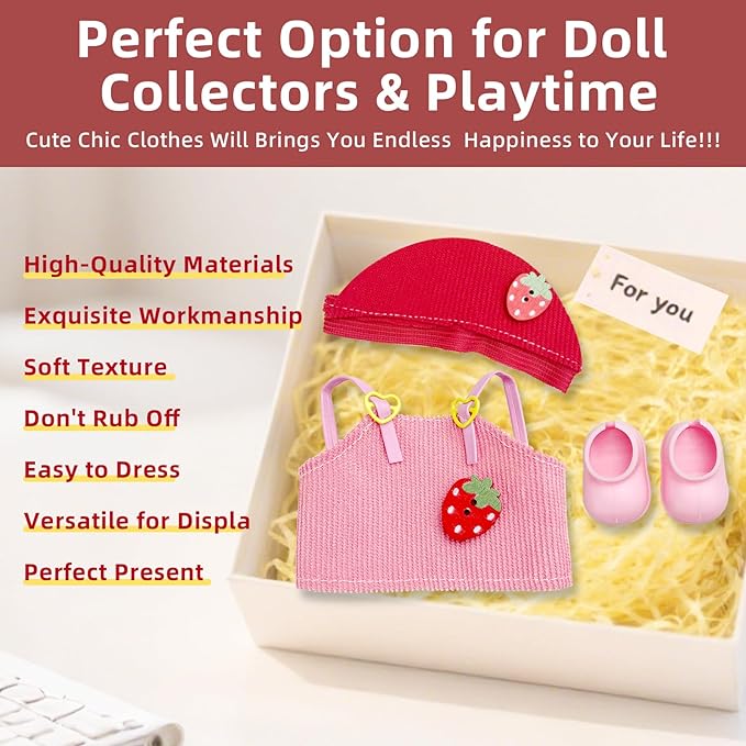 17cm Doll Clothes Set—3 Piece Set Hat Dress for 6.7in Plush Dol , Boys and Girls Stylish Adorable Dolls Clothes Accessories, Includes—Strawberry hat+Halter Dress+Shoes (Style C)