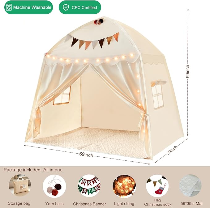 Kids Play Tent with Padded Mat Lights - Large Teepee 59x39x59in with Christmas Decor Kit Storage Bag Flag- Private Space for Reading - Birthday Gift for Boys Girls Ages 3-12