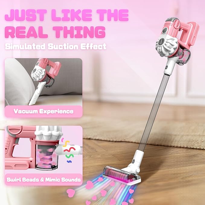 SMILESSKIDDO Kids Vacuum That Really Works - 3-in-1 Toy Vacuum with Real Suction, Apron, Cleaning Cloth, Duster & Colorful Beads, Toddler Cleaning Toy Set, Housekeeping Toy Gifts for Girls & Boys