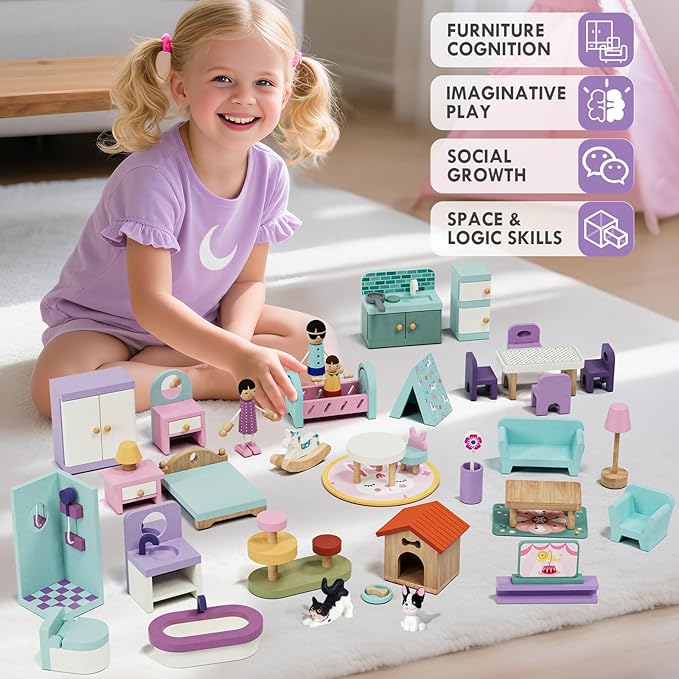 Lehoo Castle Wooden Dollhouse Furniture Set 39 Pcs with 5 Rooms, Family Dolls & Pets, All-Wooden Doll House Accessories and Furniture, Pretend Play Dollhouse Accessories Toy Gift for Kids 3+