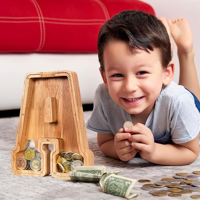 SummiDate Wooden Letter Piggy Bank for Kids| Piggy Bank for Boys Girls Toddler| Alphabet A Money Bank| Wood Coin Bank Personalized Birthday Easter Gifts for Kids (A)