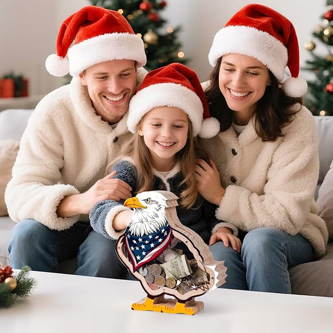 Wooden Eagle Piggy Banks for Kids Money Coin Bank, Cute Unbreakable Piggy Bank DIY Personalized Kids Safe Money Box with Stickers, Toddler Birthday Baptism Gifts for Girls Boys Eagle Lovers