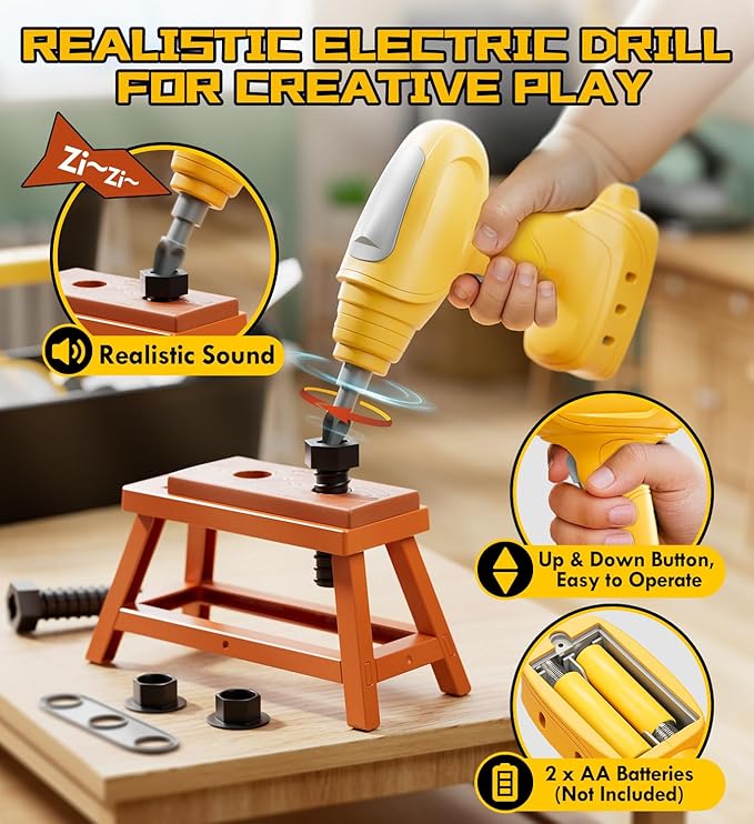Lehoo Castle Kids Tool Set with Electric Toy Drill and Tool Box, Construction Toys for 3 Year Old Boys Birthday Gift, Pretend Play Toddler Tools for 3-5 Years Old (Yellow)