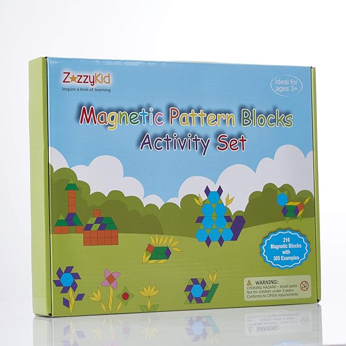 ZazzyKid Kids Magnetic Pattern Blocks Set: 216 PCS Geometric Shape Puzzles Tangram - STEM