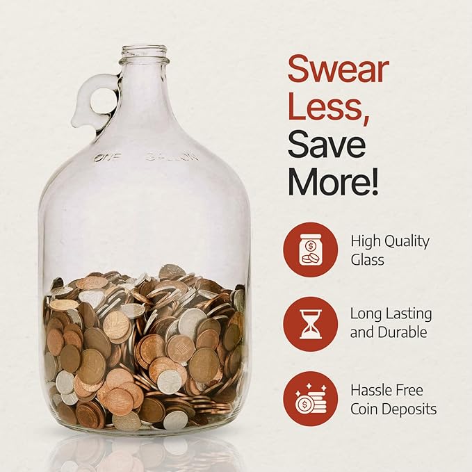 Piggy Bank for Adults - Large Coin Bank Glass Jar - for Saving Money & Small Change - Gallon Jug Made in USA