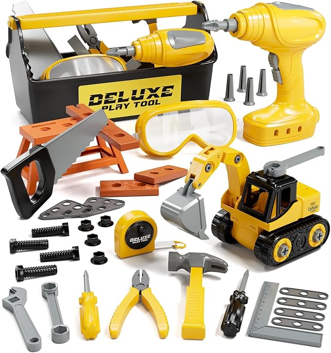 Lehoo Castle Kids Tool Set with Electric Toy Drill and Tool Box, Construction Toys for 3 Year Old Boys Birthday Gift, Pretend Play Toddler Tools for 3-5 Years Old (Yellow)