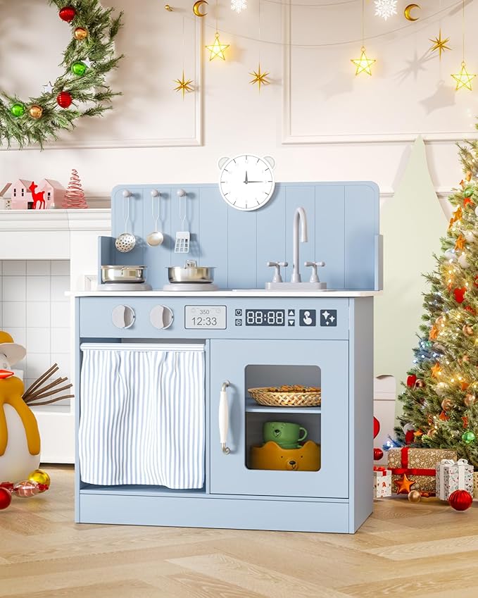 MAMIZO Kids Kitchen Playset with Ample Storage, Interactive Play Kitchen with Simulated Gas Cooker, Clicking Knobs, Sink, Faucet, 6 Pcs Cookware, Educational Clock for Toddlers (Blue)