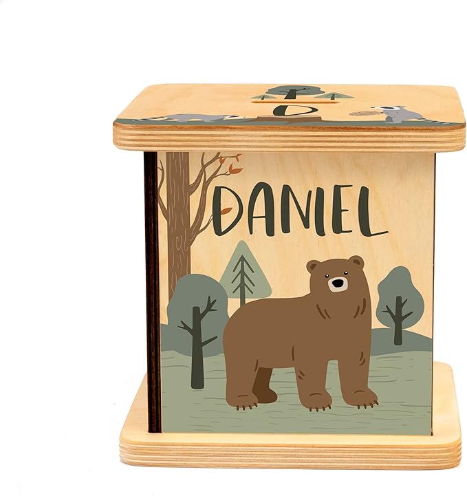 Wooden Piggy Bank for Kids and Adults, Personalized Gift Handmade in USA by BloomOwl, Custom Piggy Bank, Personalized Banks for Kids, Gifts for Baby Boys and Girls (Woodland)
