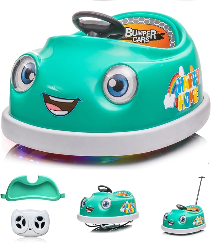 12V Dual Battery Electric Ride on Kids Bumper Car w/Remote Control,360 Degree Spin,Push Rod Rocker Horse Function,3-Speeds Babies & Toddlers Bumping Car Ride on Toy Gift for 1-4 Years Children（Green）