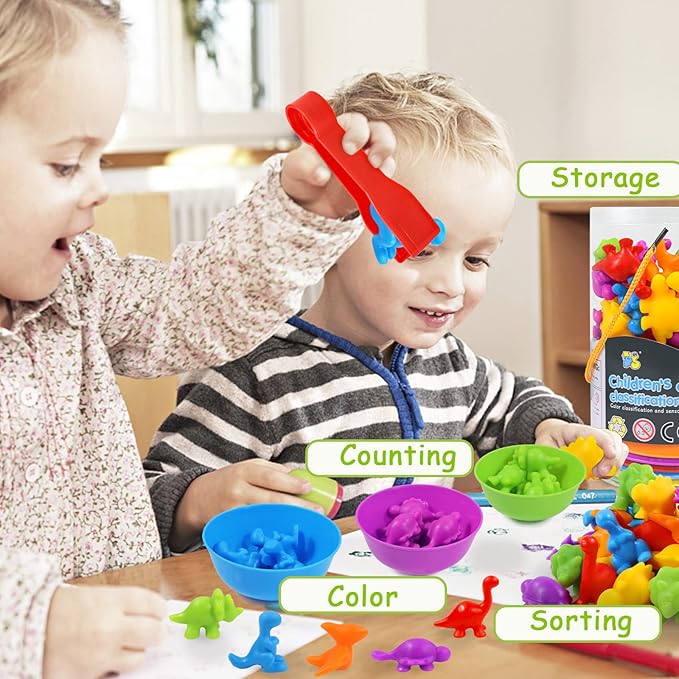 Counting Toys Matching Game for Kids with Sorting Bowls Sensory Toys Color Classification Game Set Early Learning Toddler Preschool Montessori Educational Toys for 3 4 5 Years Old-Dinosaurs