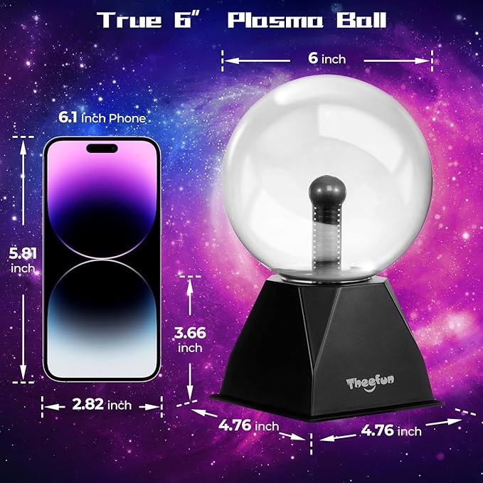 Theefun Plasma Ball: 6 Inch Plasma Globe Touch & Sound Sensitive Ball Lamp Electric Lightning Novelty Light for Parties, Home, Prop, Room Decoration, Christmas Gifts