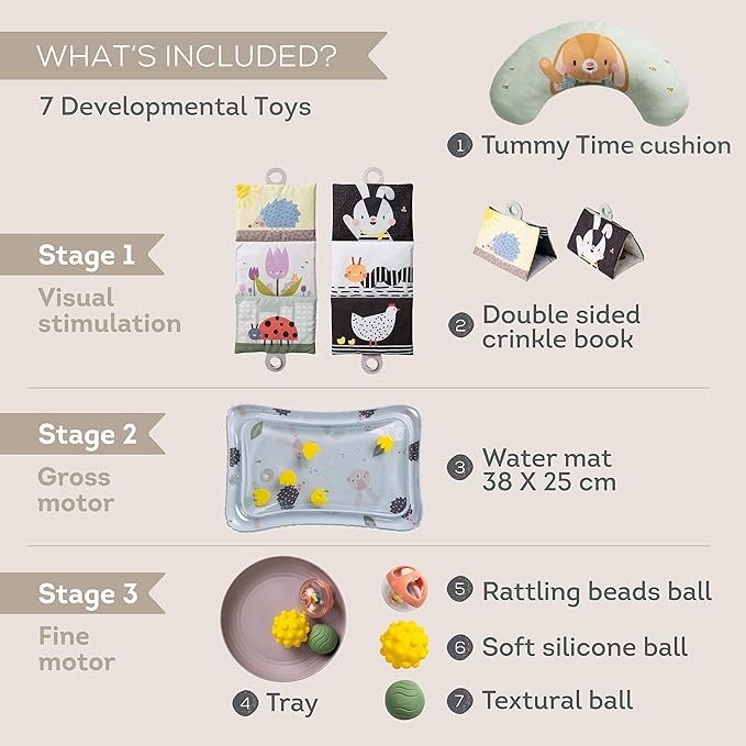 Taf Toys Baby Tummy Time Kit - High Contrast Black and White Crinkle Book, Support Pillow, Activity Water Mat, Sensory Balls, Plate - Newborn Infant Sensory Toy Set