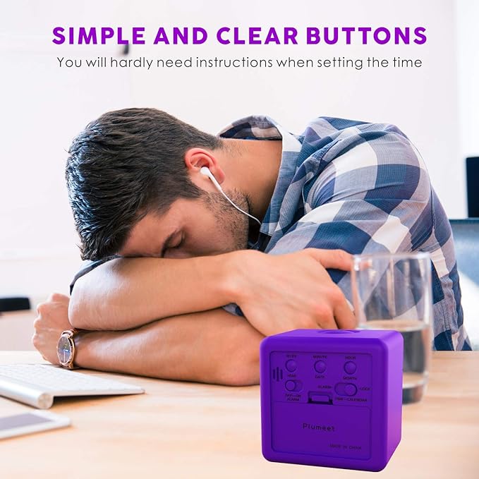 Plumeet Digital Alarm Clock for Kids with Snooze and Nightlight - Easy Setting Silicone Display Time, Date - Loud for Bedroom - Battery Powered (Purple)
