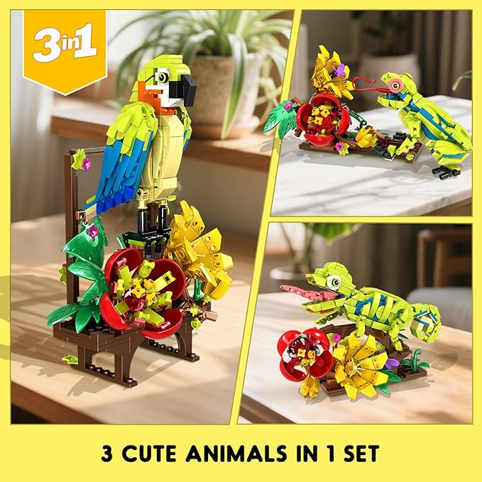 HOGOKIDS 3 in 1 Flowers Frog Parrot Lizard Building Set - Botanical & Animals Figures Building Toy for Home Office Art Decor Display Transforms Model Learning Gift for Adults Kids Boys Girls(672PCS)