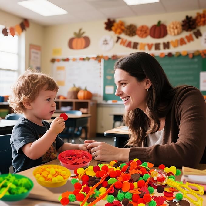 211 Pcs Fall Sensory Bin Filler Fall Sensory Bin Items Fine Motor Toys Counting Sorting 100 Pom Poms 100 Fall Felt Leaves Pumpkin 5 Sorting Cup for Fall Sorting Counting Training