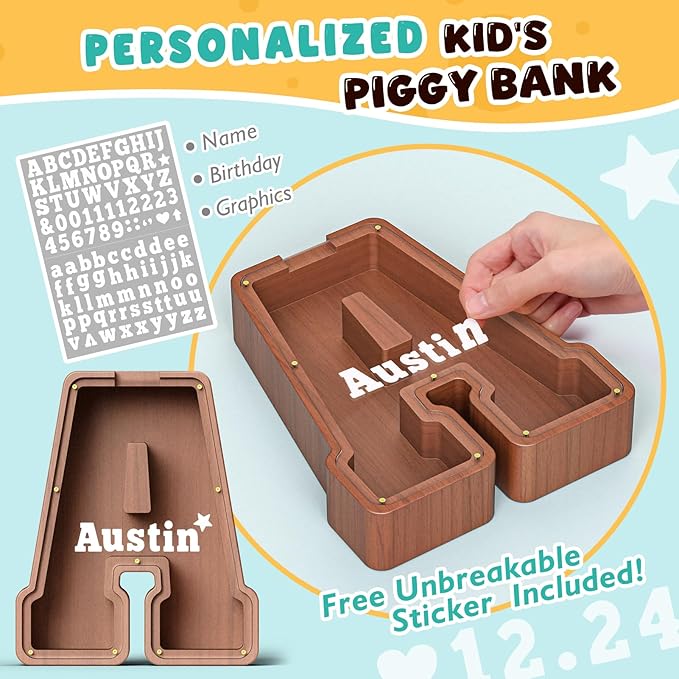 Summidate Wooden Letter Piggy Bank, Extra Thick Large Capacity Piggy Bank for Kids Boys Girls Toddler, Alphabet A Money Bank| Coin Box Birthday, Christmas, Festival
