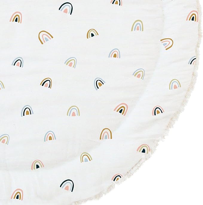 MakeMake Organics Organic Play Mat GOTS Certified Organic Cotton Nursery Floor Rug Washable Reversible Non Toxic Activity Mat Tummy Time Crawling Pad Thick Quilted (Round 48", Rainbow, White)