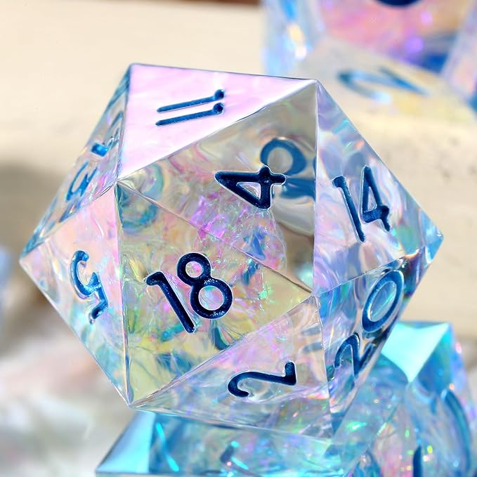 Iridescent Plating Sharp Resin Dice, DNDND 7PCS Handmade DND Sharp Edge Dice with Gorgeous Gift Case for Dungeons and Dragon Tabletop Games (Iridescent Plating Transparent)