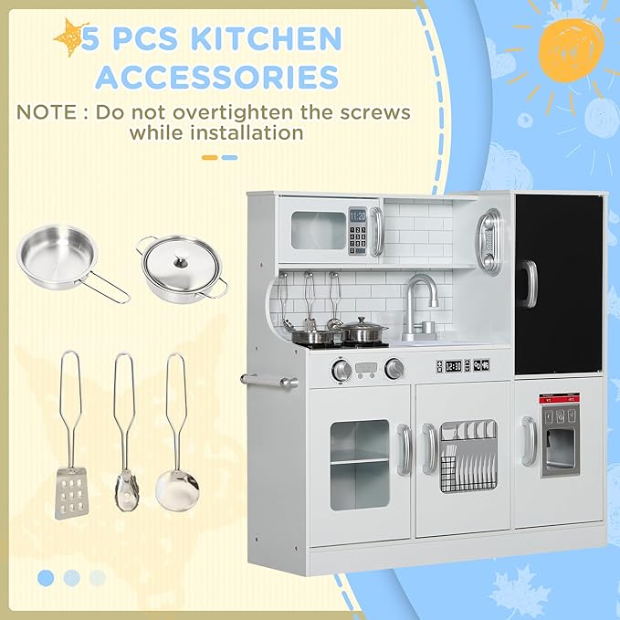 Qaba Kids Kitchen Playset - Pretend Play Toy Kitchen with Phone, Chalkboard, Towel Rack, Ice Maker, 5 Accessories, Storage Space, Microwave & Sink - Gift for 3-8 Years, White