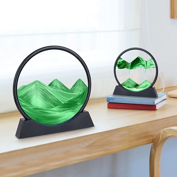Moving Sand Art Picture - 3D Quicksand Painting Decor - Round Glass 3D Deep Sea Sandscape - Relaxing Home Decoration Desk Toys for Home Office Desk Mantle Bookshelf- (Green, 7 in)