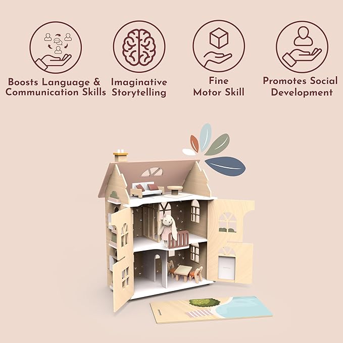 SPEEDY MONKEY Flowers Cottage Wooden Dollhouse with Starter Set | Pretend Play Doll House for Toddlers & Preschoolers | Fun Playhouse for Boys & Girls, Ideal for Imaginative Storytelling Playset