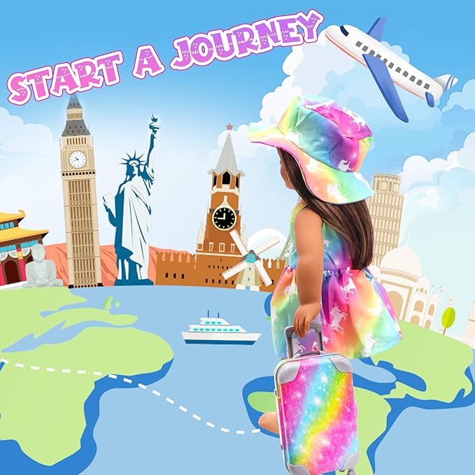 American 18 Inch Doll Accessories Travel Set Brilliant Colors Including Suitcase Luggage and Dress with Hat, Camera, Makeup Sets Dolls Travel Gear Play Set Gift for Birthday (NO Doll)