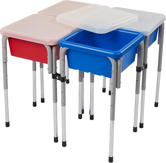 Quad Sensory Tables with Lids, Adjustable Table, Blue/Red