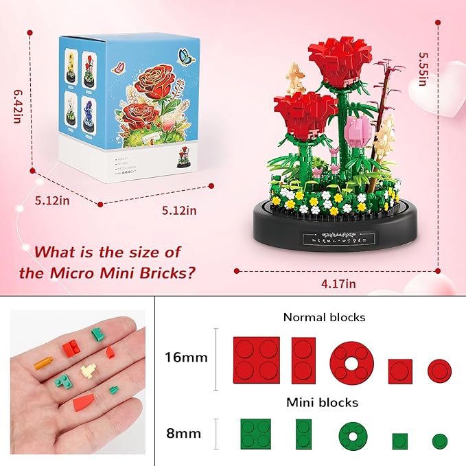 QLT QIAOLETONG Flower Bouquet Building Set, 593 PCS Red Rose Mini Building Blocks Kit for Adults, Flowers Botanical Collection for Home Decor, Mother's Day for Her Mom Women Wife Girlfriend