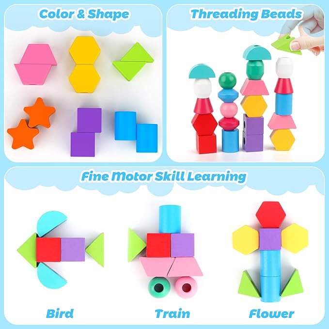 Montessori Wooden Beads Sequencing Toy Set, Stacking Blocks & Lacing Beads & Matching Shape Stacker for 2 3 4 5 Year Old STEM Preschool Learning Montessori Toys Gifts for Kids Boy Girl Toddler