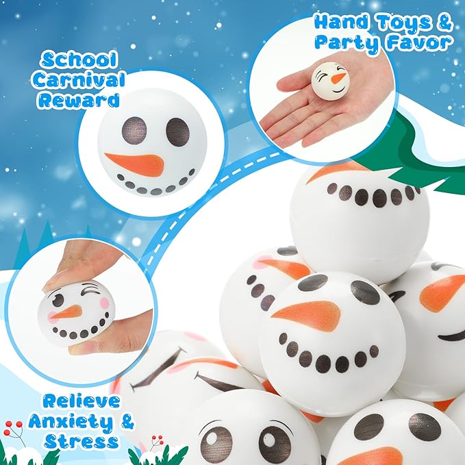 Jerify 60 Bulk Snowman Ball Christmas Snowman Stress Toys First Snowball Fight Snowmen Balls Sensory Stress Relief Toys Christmas Winter Party Favors Bag Filler Stocking Stuffers Gifts for Boys Girls
