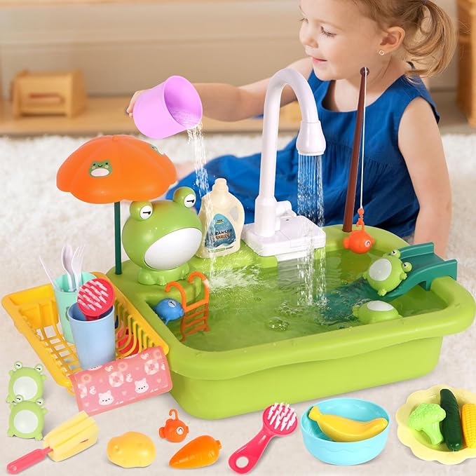 Play Sink with Running Water, Kitchen Sink Toy with Functional Faucet, Play Food and Kitchen Accessories, Floating Fishing Water Toy for Toddler, Pretend Play Dishwasher for Kids