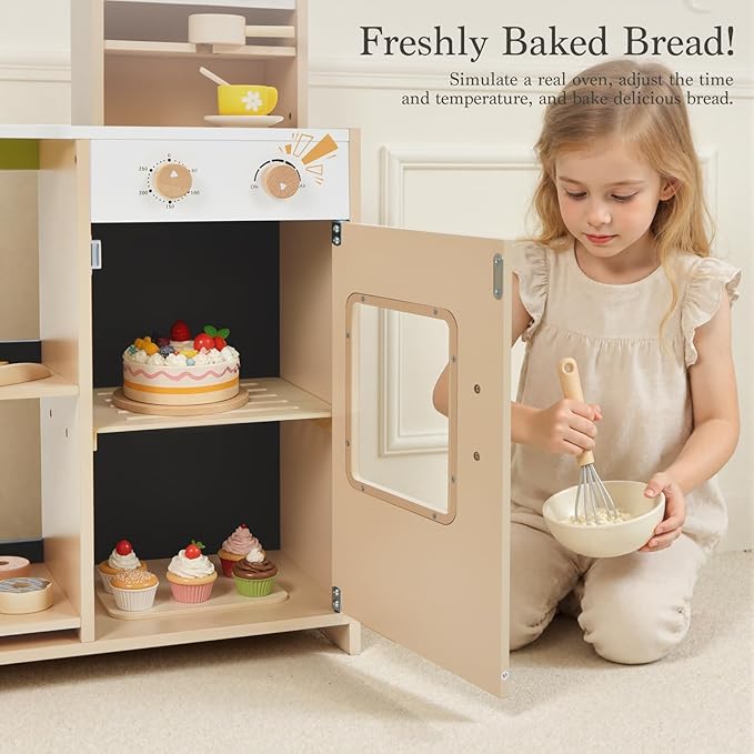 Frogprin 24 Pcs Pretend Play Coffee Shop, Kids Grocery Store Set, Wooden Drive-Thru Window, Coffee Maker, Oven, Cash Register, Bakery Toys Food Accessories Gift for Boys Girls 3+ Years Old